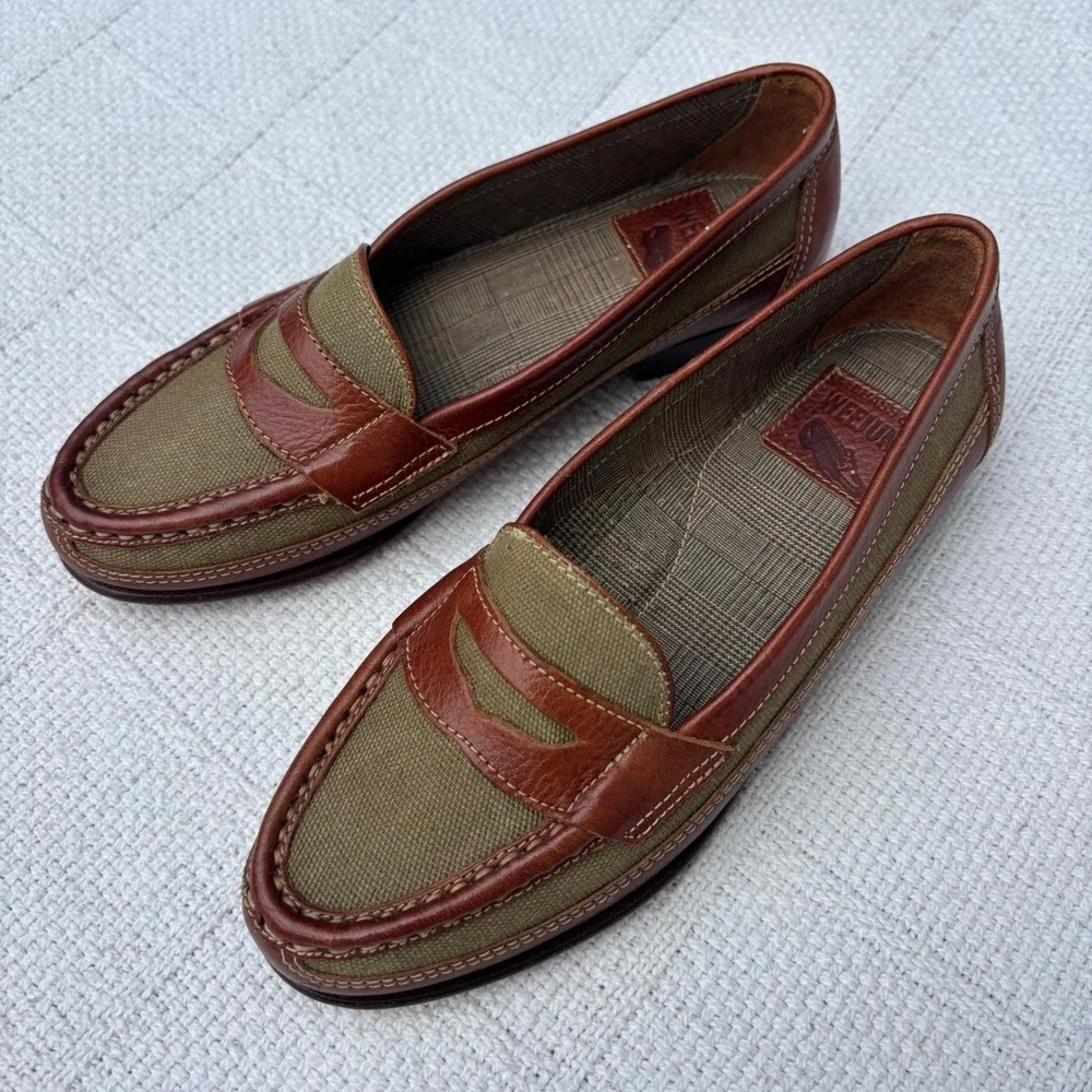 Women's 5.5 BASS Weejuns Vintage 1991 Olive Cognac Canvas Leather Penny Loafers